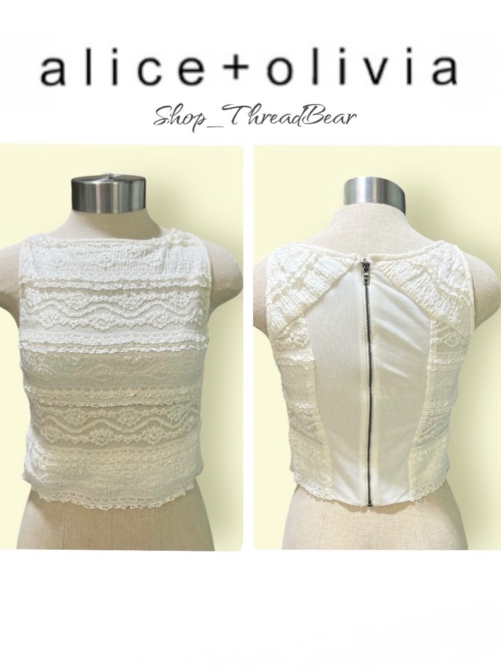Wow! [alice + olivia] Cream Lace Zip Back Blouse | NWT Ivory Mesh Crop Top | XS